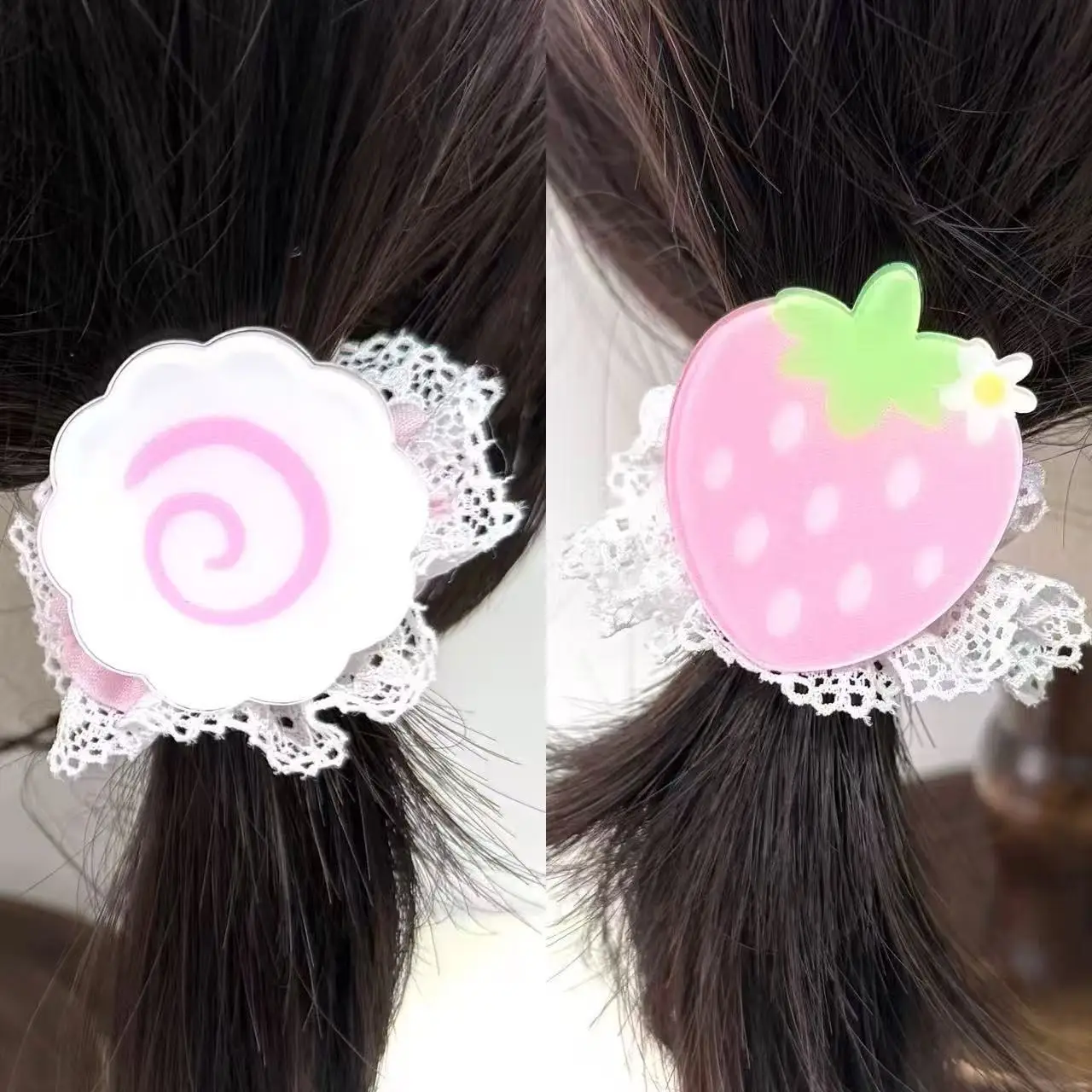 Image of Süße rosa Frühlings-Erdbeer-Fischkuchen-Haarspange, Haar-Accessoires, Mädchen-Kopfschmuck, koreanische Soft-Girl-Süße japanische Spitzen-Haarband-Geschenk