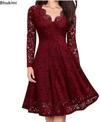 2024 Women's Elegant Lace Dress for Party Evening Club Vintage Long Sleeve V Neck Solid Bridesmaid Dress Slim Mini Dress Female