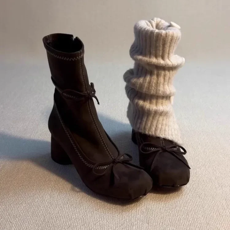 

Suede Bow Design Women Boots with Thick Heel and Side Zipper Short Boots for Outdoor Women Comfort Tashionable Midsole Boots