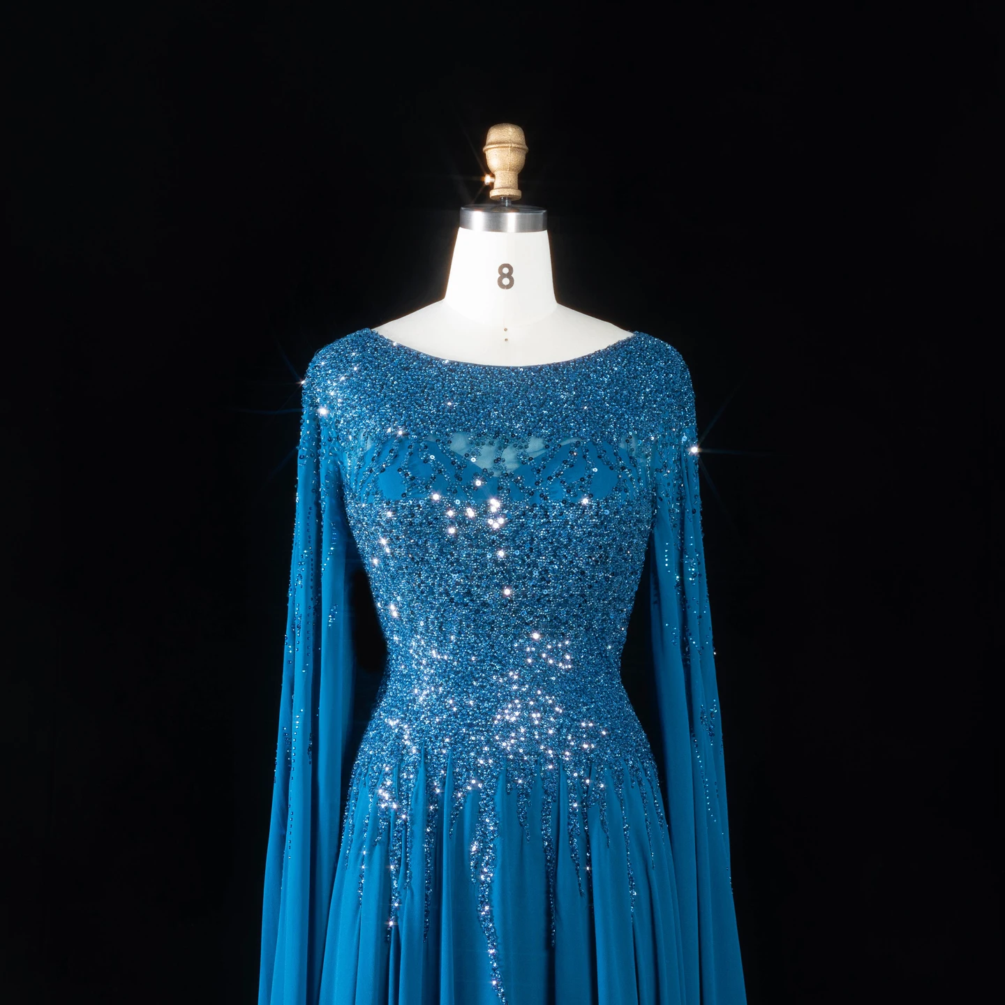 Sharon Said Abendkleid Luxuriöses A-Linien-Kleid mit Pailletten, Cape-Ärmeln und Perlen für Hochzeit, Abschlussball, Dubai, formelle Party, Ballkleid SS105, maßgeschneidert – Detail 9
