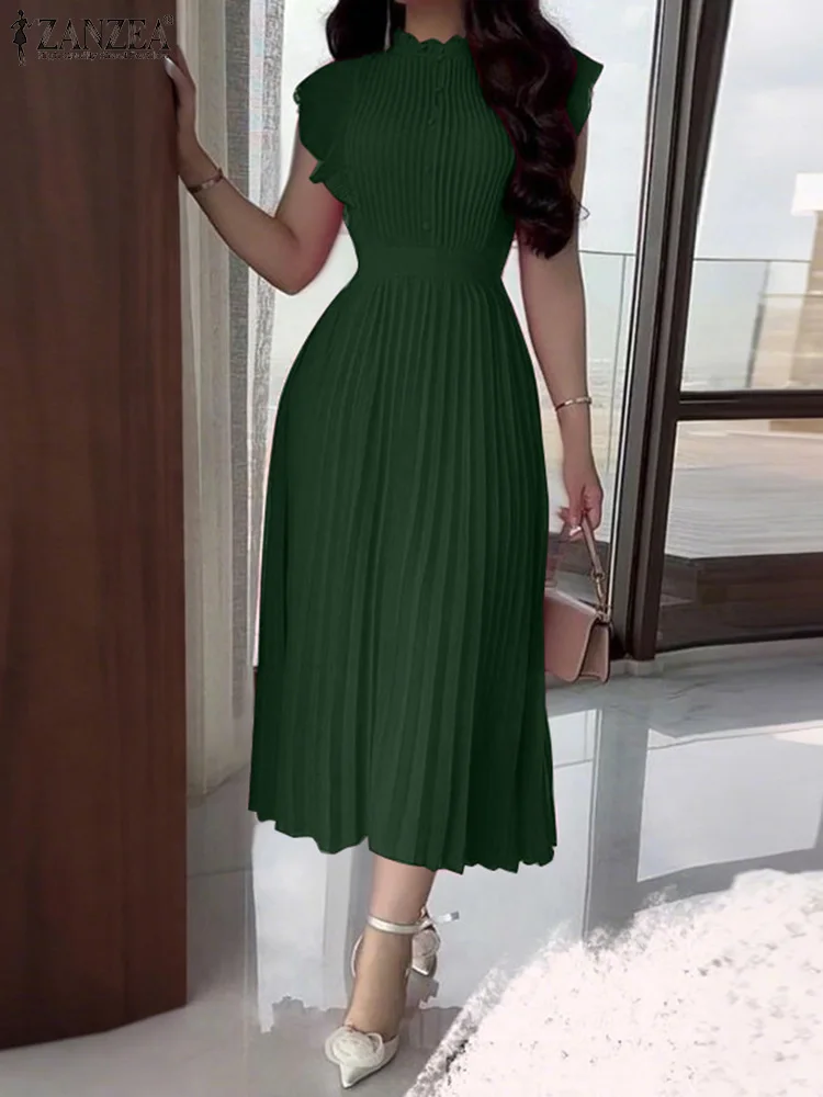 ZANZEA 여성 여름 드레스 민소매 주름 베스티도스 2025 캐주얼 OL 워크 선드레스 지퍼 패션 솔리드 터틀넥 로브 팜므
