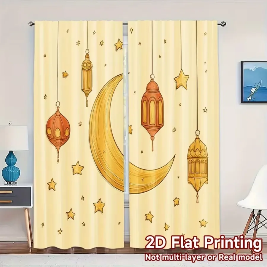 2 PCS Cartoon Moon Lantern Curtains, Cute Ramadan Style Window Drapes for Living Room Bedroom Home Decor Polyester Rod Pocket