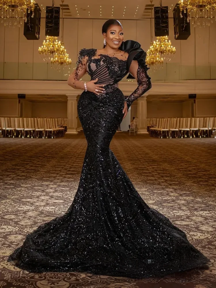 Vestido de noche de sirena con lentejuelas negras, vestido de fiesta Formal de lujo de una manga con hombros descubiertos, elegante brillo, novedad de 2025