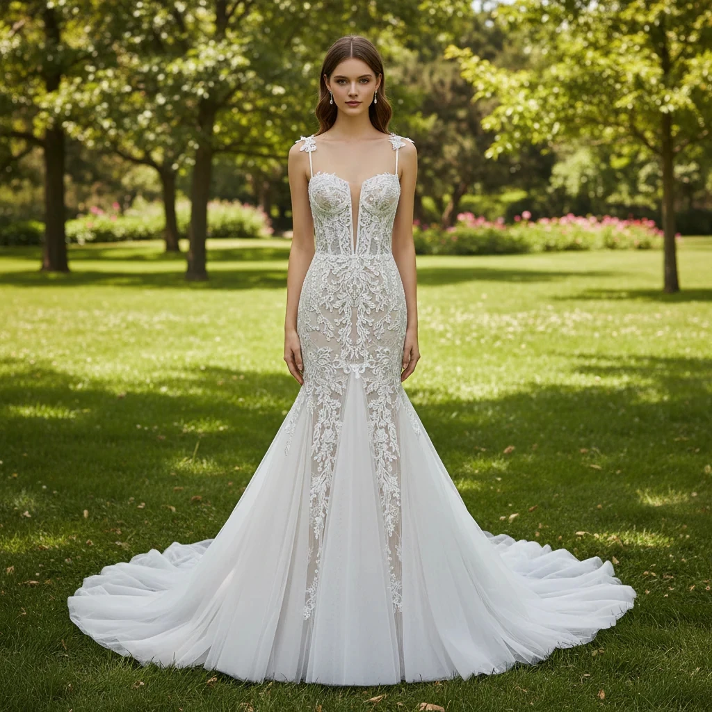 

Rosymae Свадебное платье русалки с кружевной аппликацией и глубоким вырезом на тонких бретельках, корсет, лиф, полная тюлевая юбка, длинный шлейф