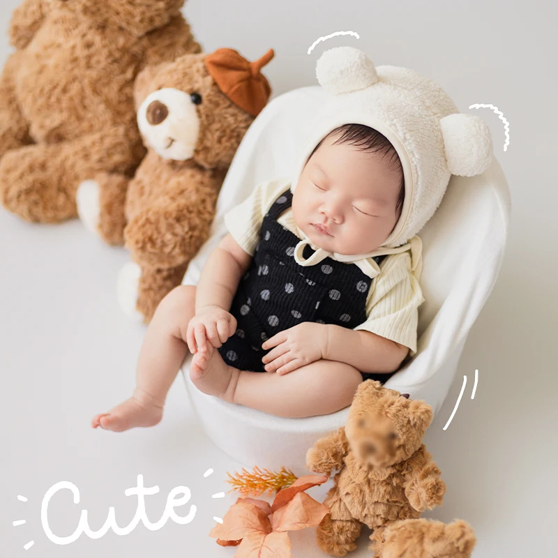 Baby Cute Polka Dot Romper Homewear Newborn Photography Props Teddy Bear Plush Posing Toy 5pcs/Set Studio Photoshoot Accessories