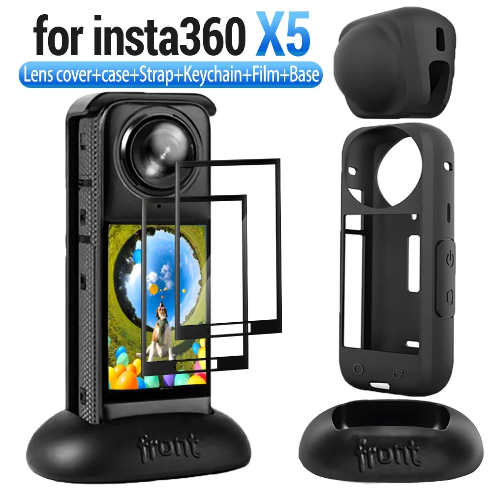 For Insta360 X5 Silicone Base Lens Cover Outer Case with Strap Screen Protector Anti-scratch Film Protective Accessories Kits