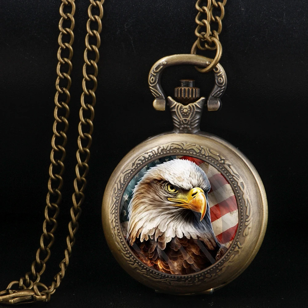 American Eagle Independence Day Bronze Quartz Pocket Watch for Women Men Necklace, Unique Pendant Clock Watch Gift Accessories