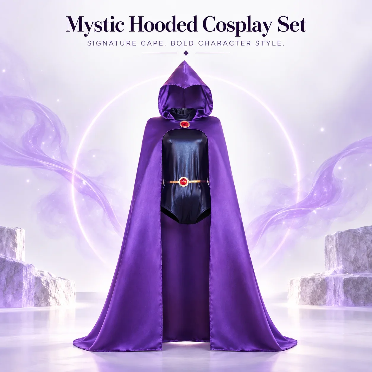 Costume da cosplay con mantello a cappuccio viola misterioso per donne adulte, tuta metallizzata scura con cintura decorata con gemme, set completo per feste a tema e eventi come Comic Con.