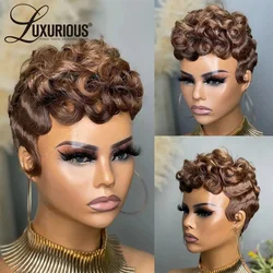 Short Curly Pixie Cut Full Machine Made Wig Wear And Go Burgundy Ginger Wig For Black Women Brazilian Virgin Remy Human Hair Wig