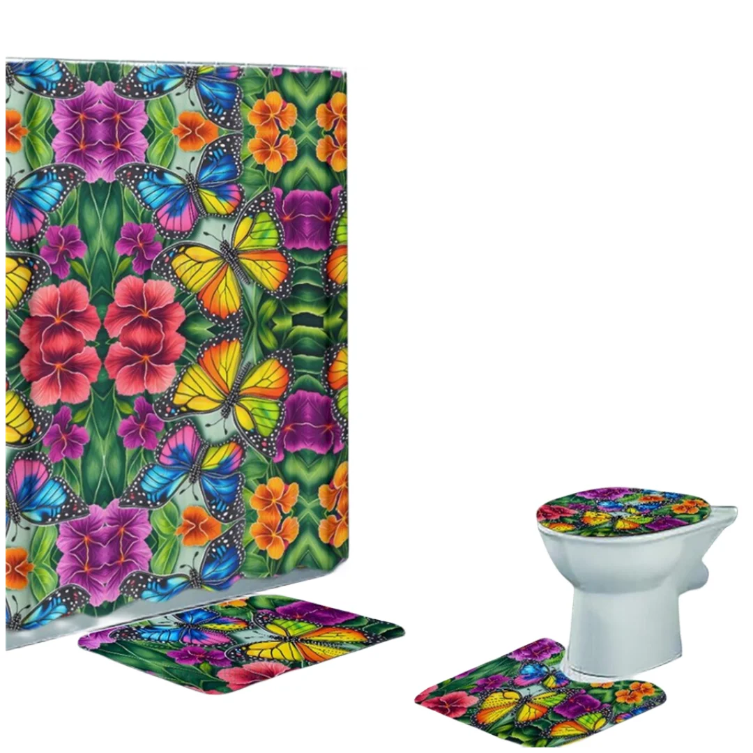 Flying Insect Hibiscus Flower Four Piece Bathroom Set Shower Curtain Toilet Seat Cover Bath Mat