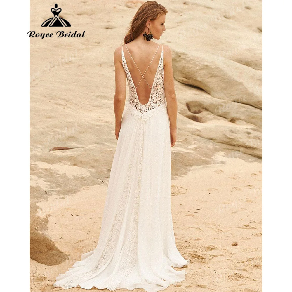 2027 Spaghetti Straps Boho Wedding Dress Deep V Neck Crochet Lace Empire A‑Line With High Slit Vestido De Novia Customized