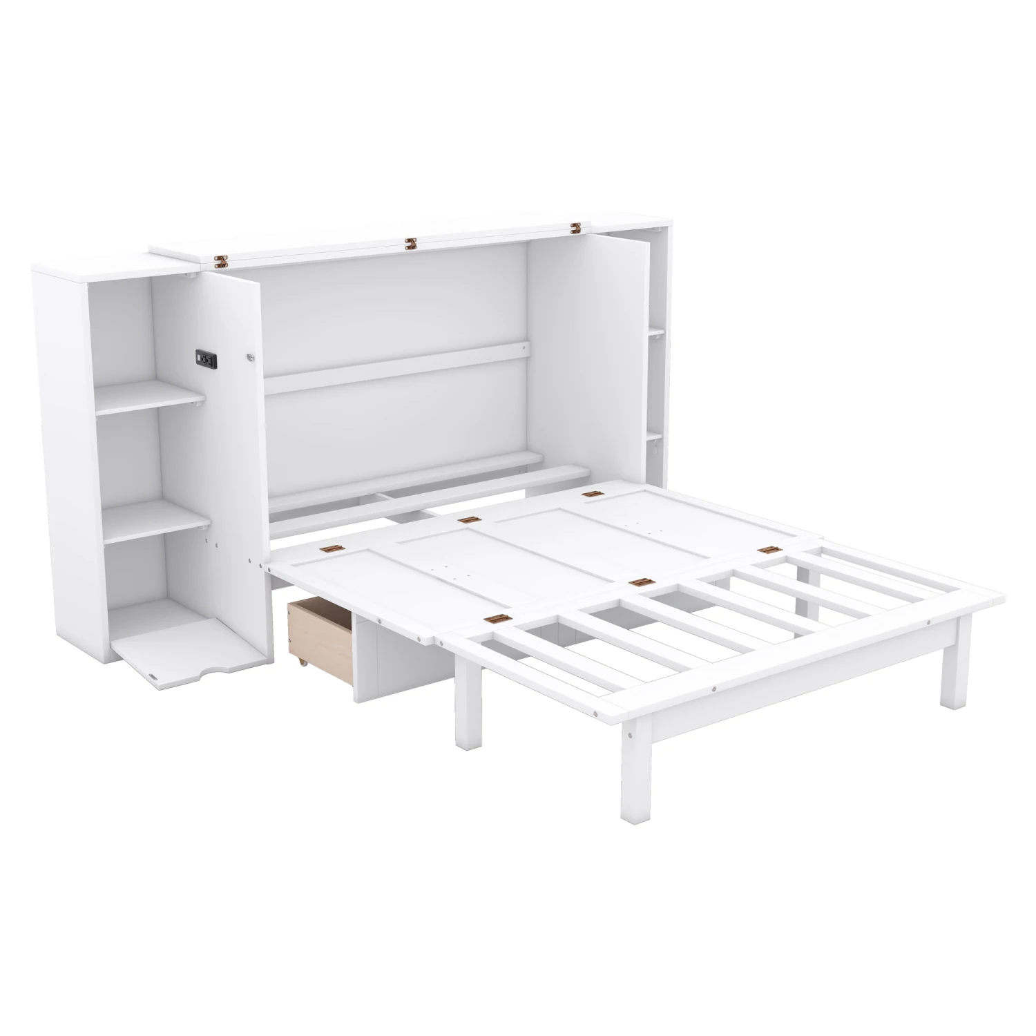 Cama Murphy de tamaño completo con estantes, cajones y puertos USB, blanca