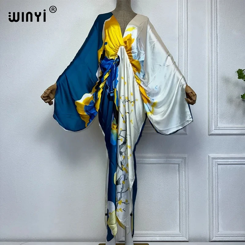 WINYI New Fashion Bohemian Deep V-neck Floral europea For Lady Free Size Loose Batwing Holiday Beach cover up Party Kaftan Dress