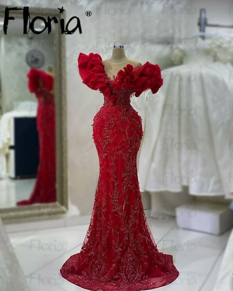 Plus Size Red Ruffels Neckline Party Dress Arabic Mermaid Wedding Night Gowns Long Celebrity Dresses Robe Soirée Female 2023