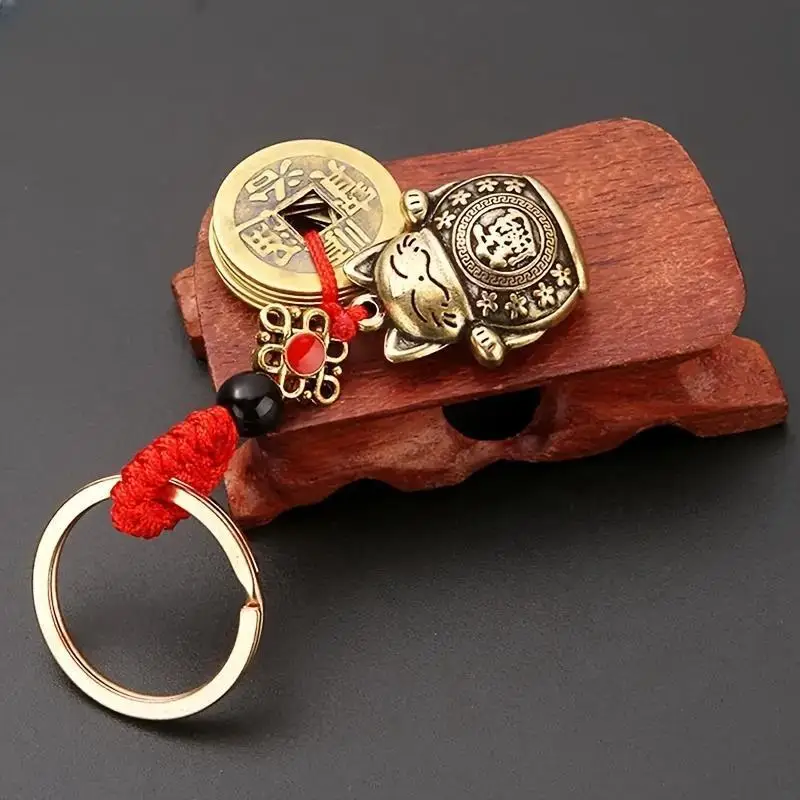 1Pc Vintage Pure Handmade Lucky Cat Car Keychain Lucky Cat Five Emperors Money Keychain Feng Shui Coins Solid Lucky Key Ring image 2