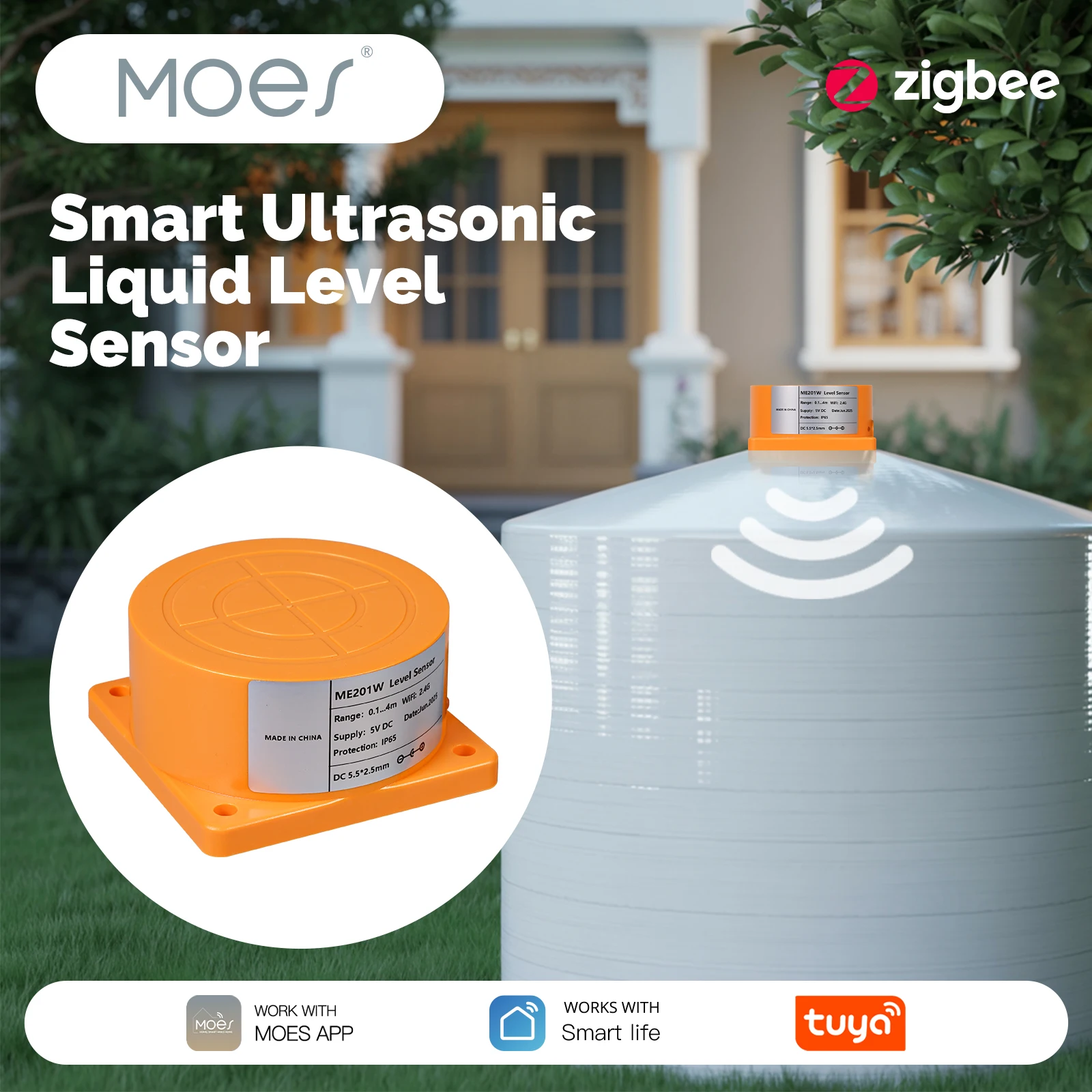

MOES Tuya WiFi/Zigbee Smart Ultrasonic Liquid Level Sensor Water Tank Monitor With RealTime Alarm Notification APP RemoteControl