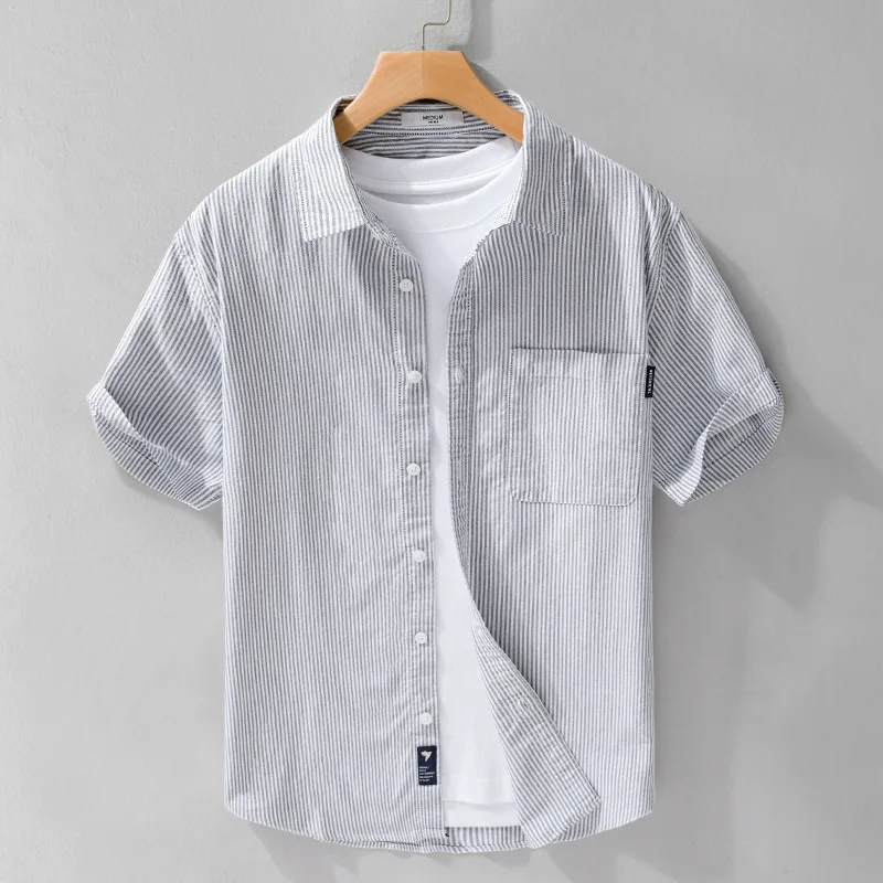 Chemise rayée à manches courtes pour hommes, 212 coton, mode d'été, haut de gamme, haute qualité, classique, simple, chemisiers basiques pour adolescents, Y-100%