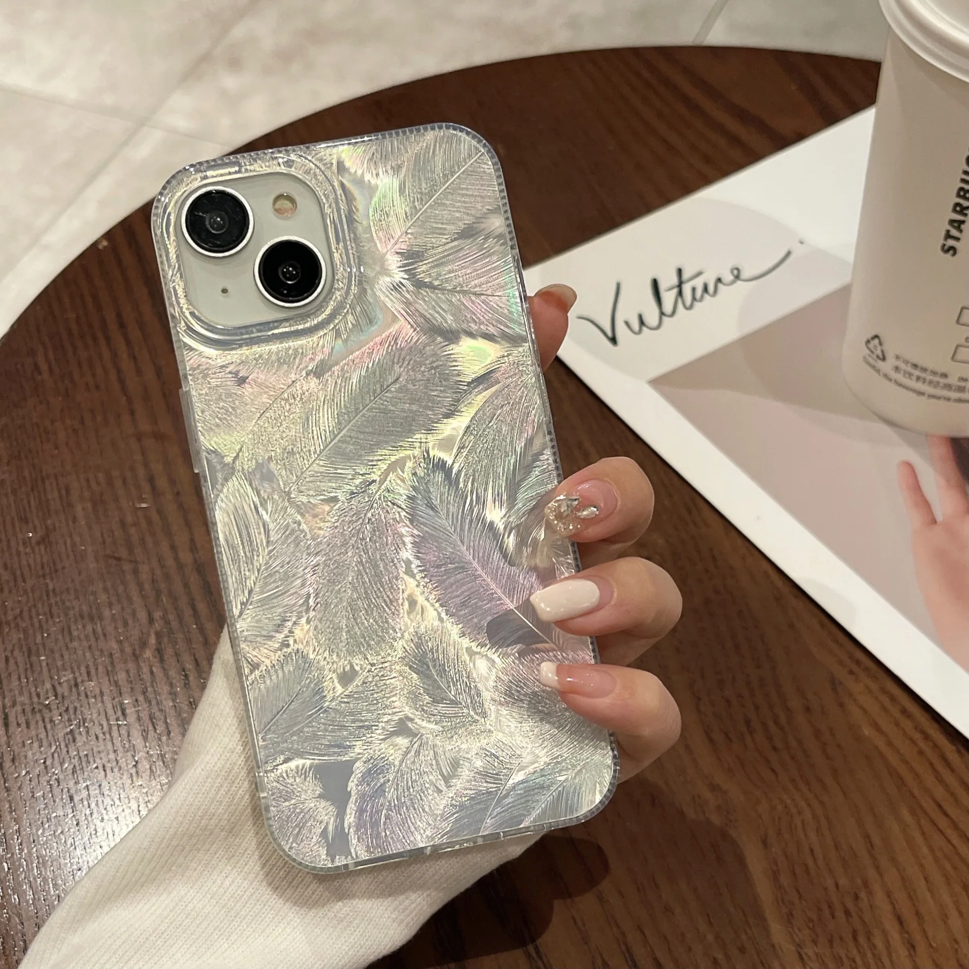 Mingyuan Feather Pattern Suitable for iPhone 14pro Phone Case 15plus High end 11 Anti drop 13 New 12 Acrylic Gradient beautiful