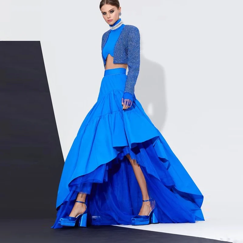 

Stylish Blue Asymmetric Maxi Skirt High Waist Ruffled Tulle and Taffeta Prom Party Skirts for Women Personalized Irregular Skirt