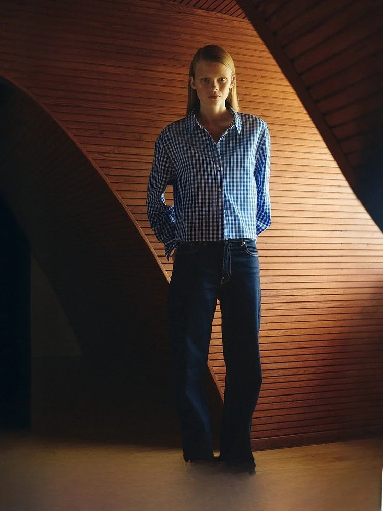 

H&M Women's Cotton antung irt Spring Collection Straight Cut Long Sve Plaid Pattern Casual Sle ort Length