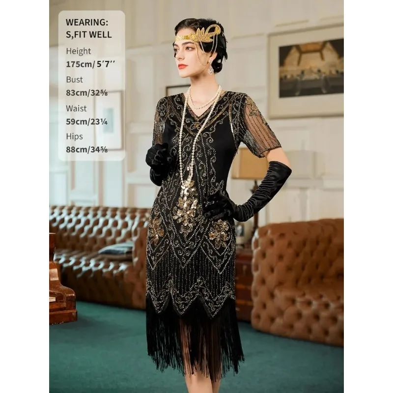 

Women's Flapper Dresses 1920s Fringed Sequin Great Gatsby Dress with Accessories -Roaring 20s Sexy V-neck Fancy Dress Ecoparty