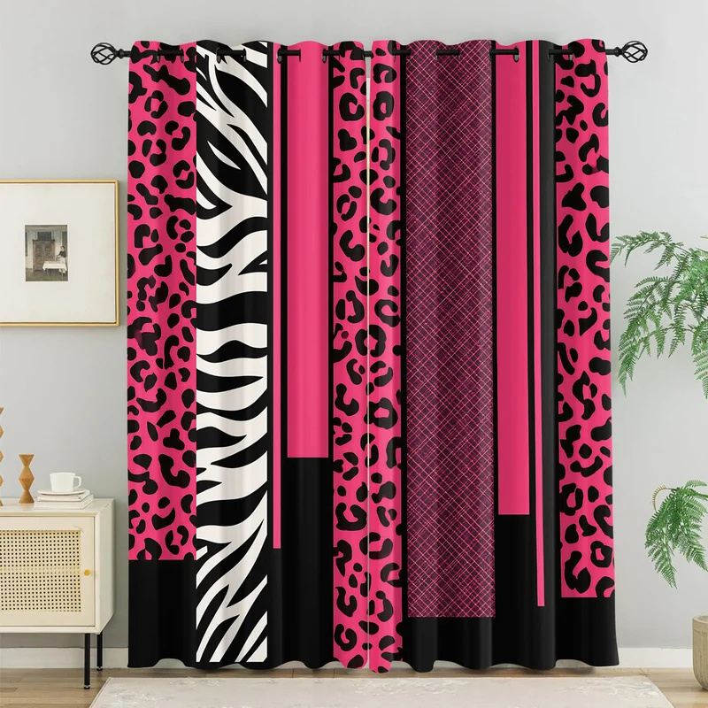 Y2K Blackout Curtains 2Pcs,Pink‑Black Contrast Leopard Zebra Print,Trendy Spliced Ideal Living Room Bedroom Home Decoration