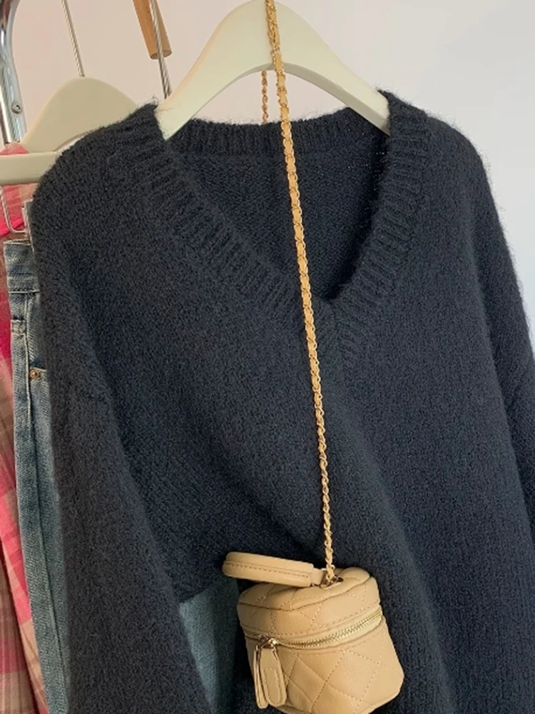 Jersey para mujer, suéter Otoño Invierno Harajuku Vintage de manga larga con cuello en V, Tops de punto informales de estilo perezoso