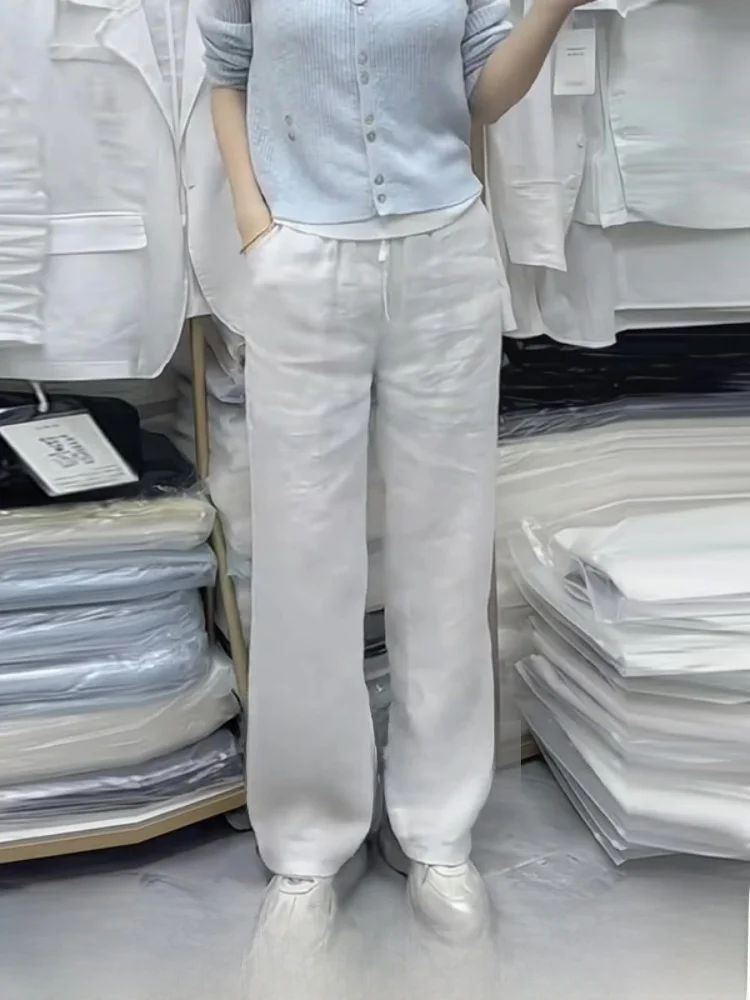 Branco perna larga algodão linho calças casuais das mulheres verão cintura elástica tubo reto commute sle calças de cintura alta
