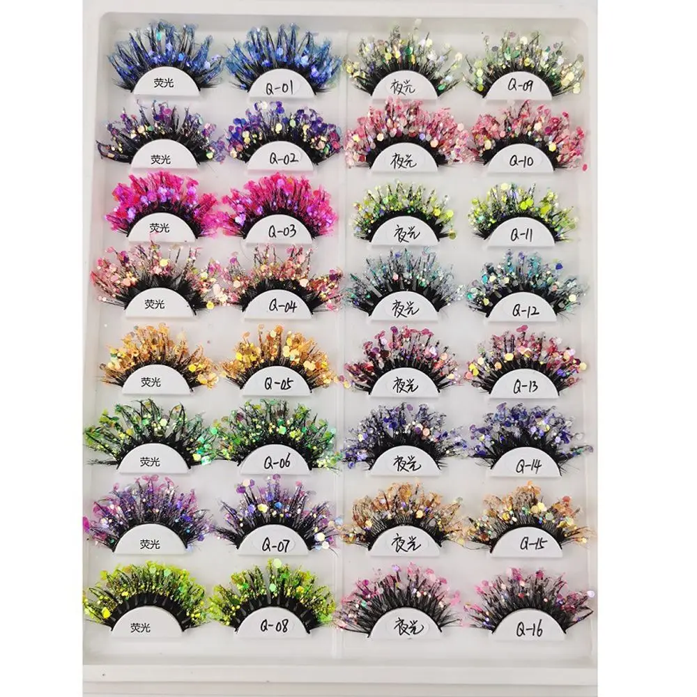 Unique Shining Colored Eyelashes Gold Pink Green Glitter Colorful False Eyelashes Dramatic Halloween Party Rainbow Lashes