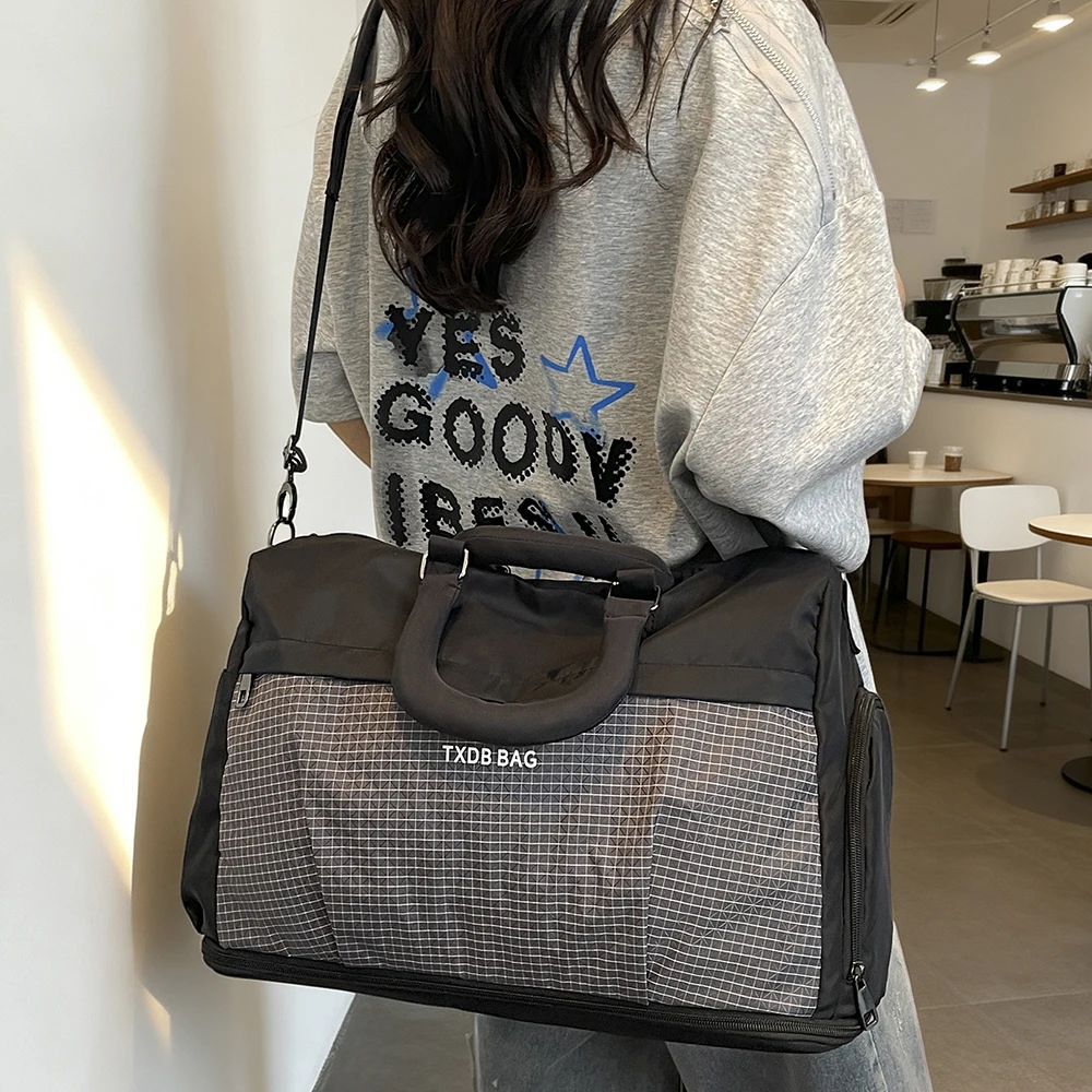 Duffle Bag Travel Handbag Detachable Shoulder Strap Grid Splicing Expandable Storage Bag for Weekend Trip Sightseeing Outing