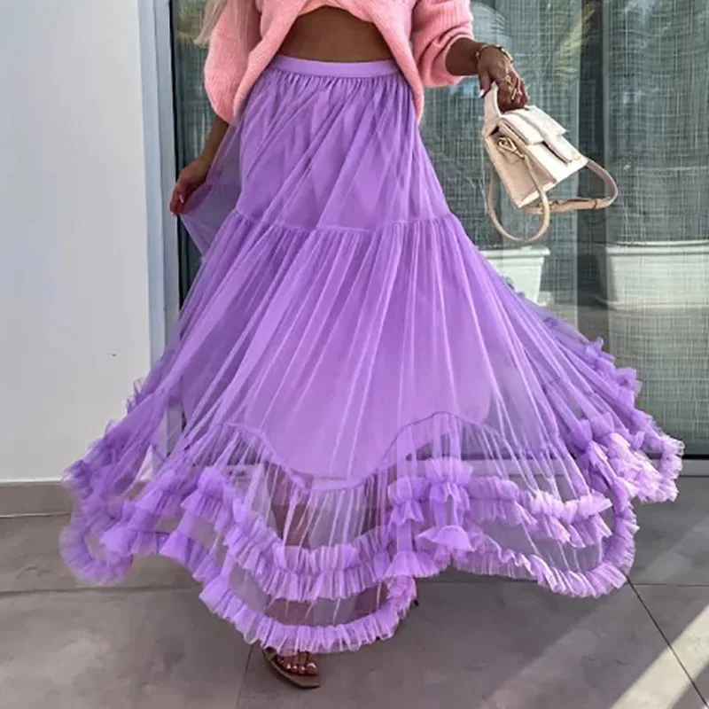 All-match Ladies Solid Color Pleated Skirt Fashion Ankle Length Tulle Skirt 2024 Female High Waist Splicing Tiered Dance Skirts