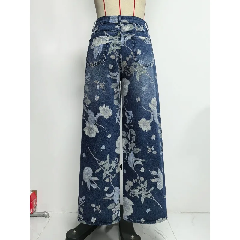 Cross-border 2026 Spring and Summer Floral Pattern Straight High-waisted Jeans Retro Random Printing Loose Wide-leg Denim Jeans