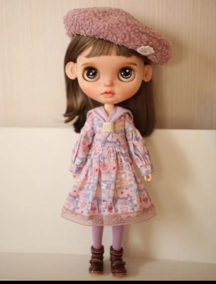 5PCS purple forest blythe doll outfit Loop hat/ long sleeved dress /fake collar/socks 1/6 30cm(Fit for Pullip,Ob22/24/26, Licca)