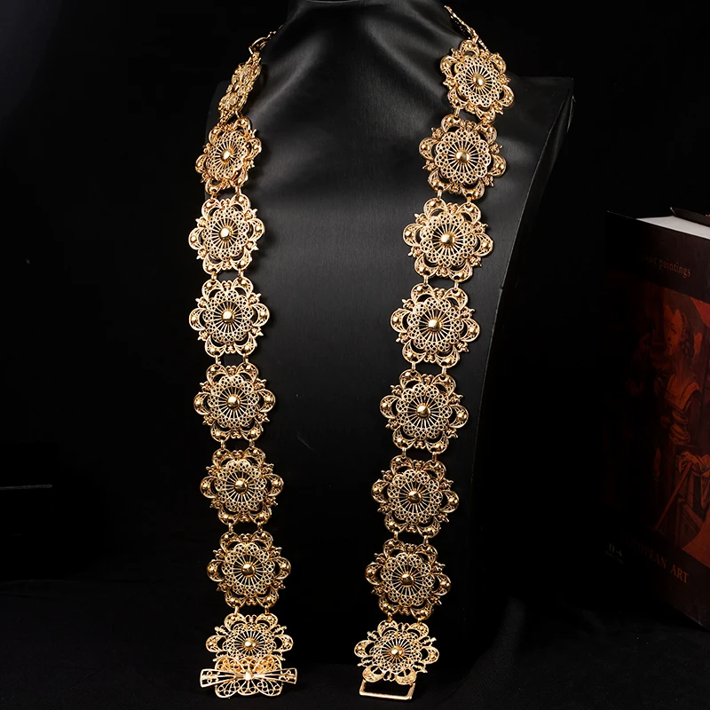 Hollow Flower Moroccan Caftan Belts Gold Color Long Chain Waist Belt for Women Middle East Wedding Jewelry Muslim Bride Gifts