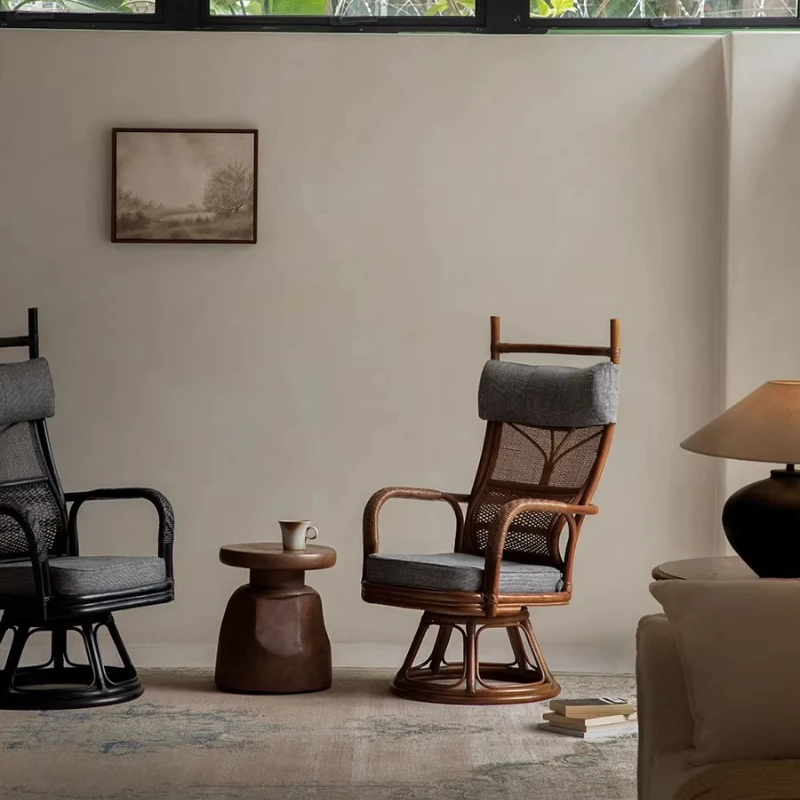 South East Asia Rattan Art\ Balcony Leisure Rattan Chair High Backrest Rotatable Indonesian Natural True Rattan Elderly Chair