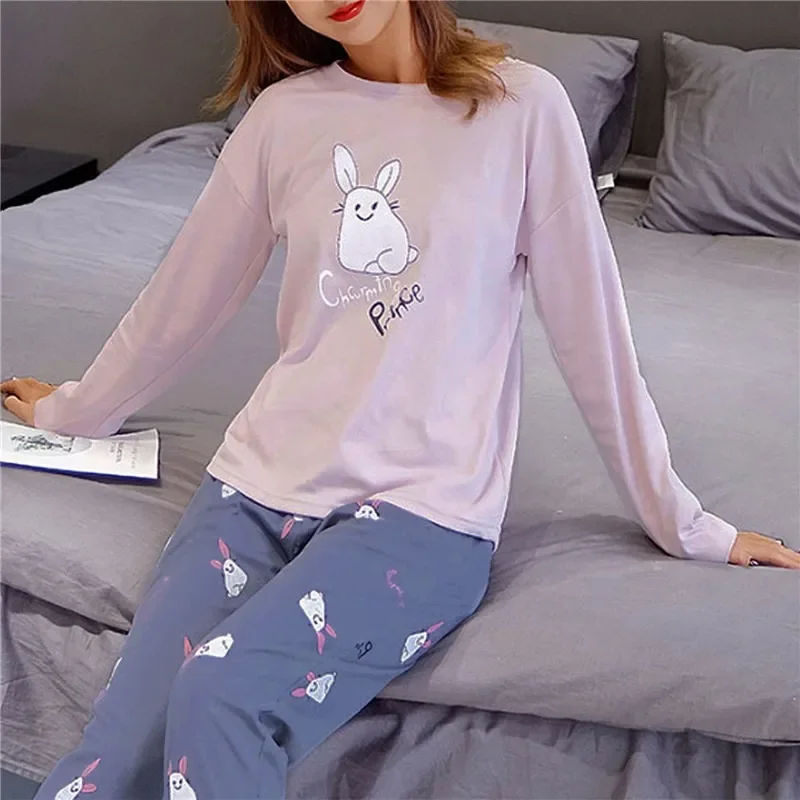 Women Cute Cartoon Spring Autumn Long-sleeved Trousers Pajamas Set Casual Large Size Sleepwear Ladies Cotton Homewear Clothes
