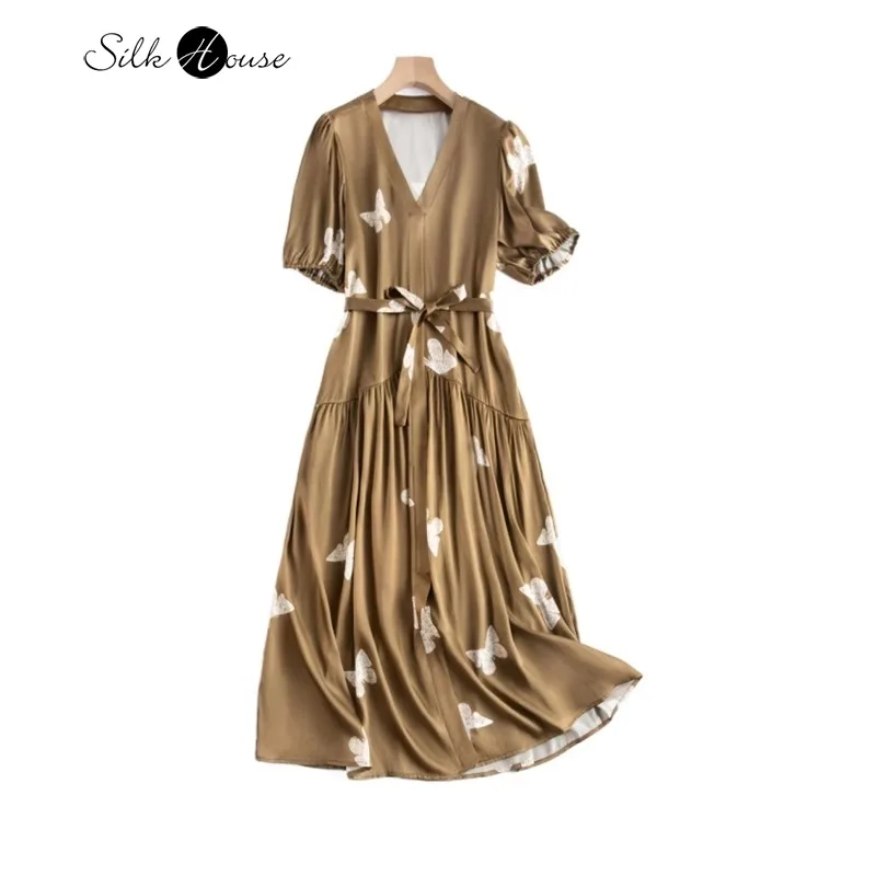 

2024 Women's Fashion Spring/Summer New Temperament 19MM 93%Natural Mulberry Silk Elastic Satin V-neck Bubble Sleeves Dress