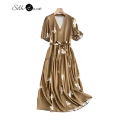 2024 Women's Fashion Spring/Summer New Temperament 19MM 93%Natural Mulberry Silk Elastic Satin V-neck Bubble Sleeves Dress