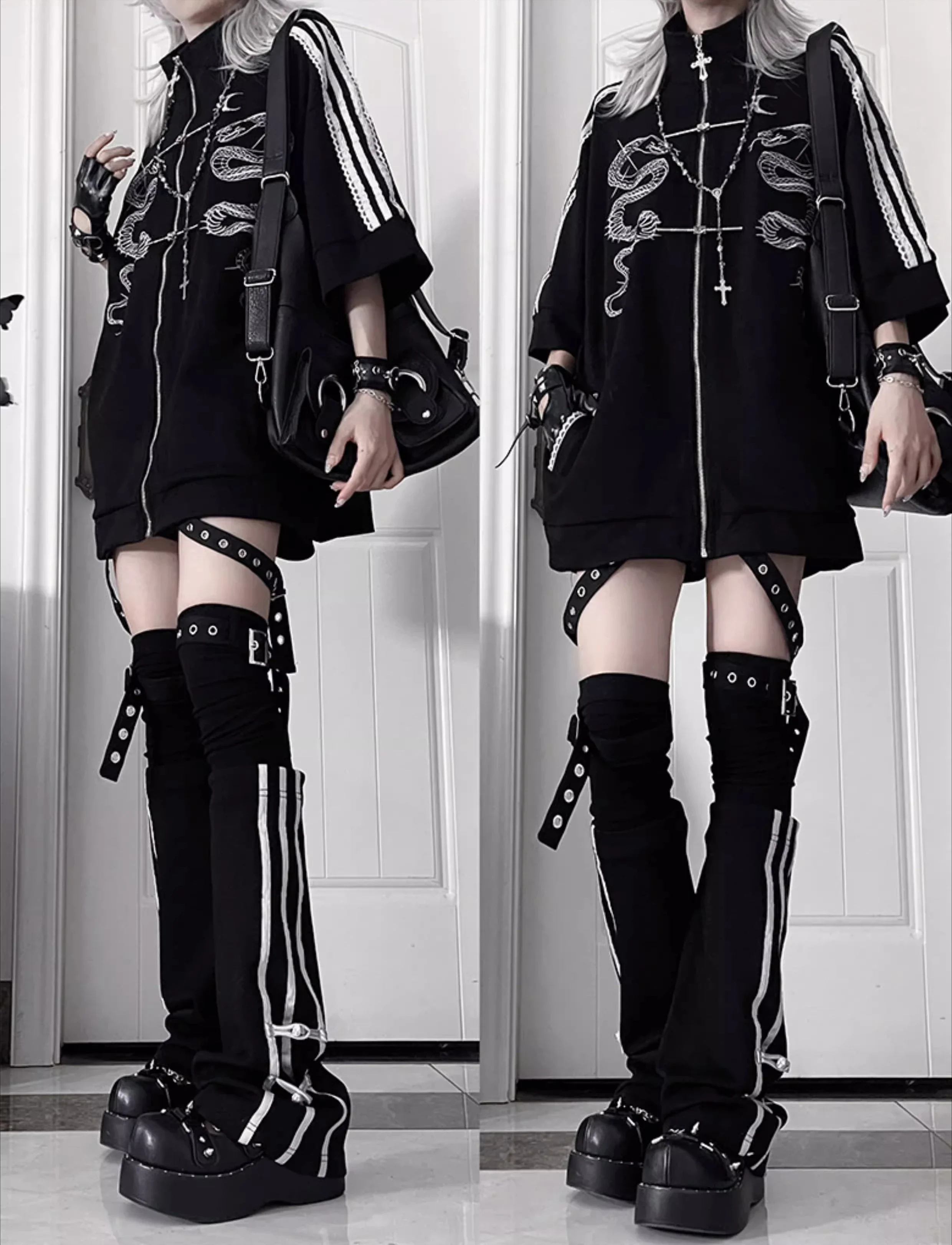 Y2k Subculture Gothic Black Short Sleeve Hoodies Summer New Harajuku Girls Sweet Cool Heavy Industry Embroidered Loose Tops