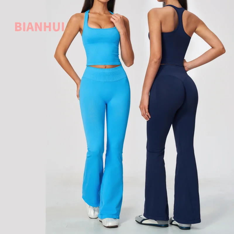Women Seamless 2‑Piece Yoga Set Racerback Tank Top High Waist Butt Lifting Flared Pants Tummy Slim Pilates Fitness Sportswear