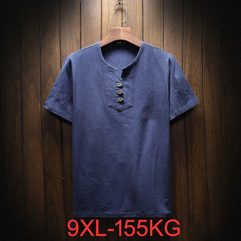 

7XL 8XL 9XL 155 кг Лето Большие размеры Большие мужские повседневные футболки с коротким рукавом и v-образным вырезом Футболка льняные черные домашние топы 58 60 62 64 66