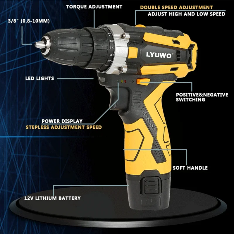 LYUWO 12/16.8/21V Cordless Drill Rechargeable Electric Screwdriver Lithium Battery Household Multi-function 2 Speed Power Tools