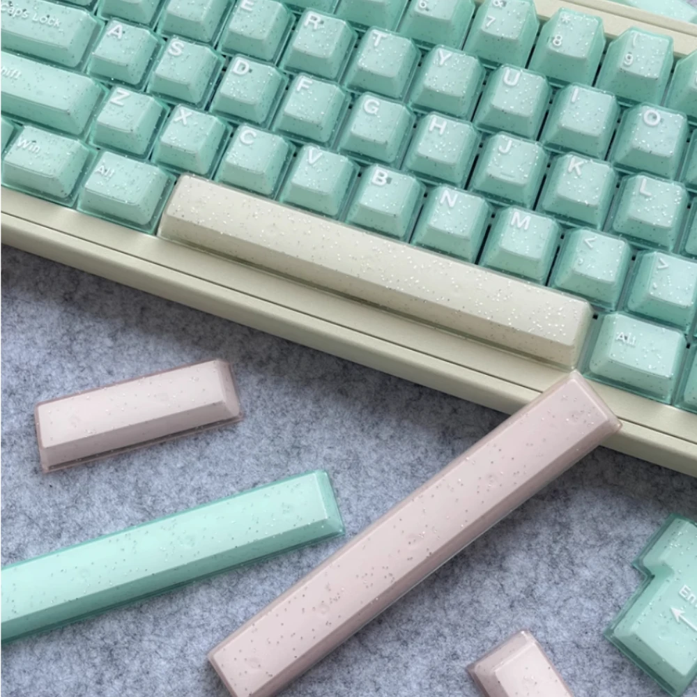 Peach Pink Glitter Keycap Set 160key PBT+PC Custom Cute Translucent Keyboard Cap Cherry Profile KeyCap for Mechanical Keyboard