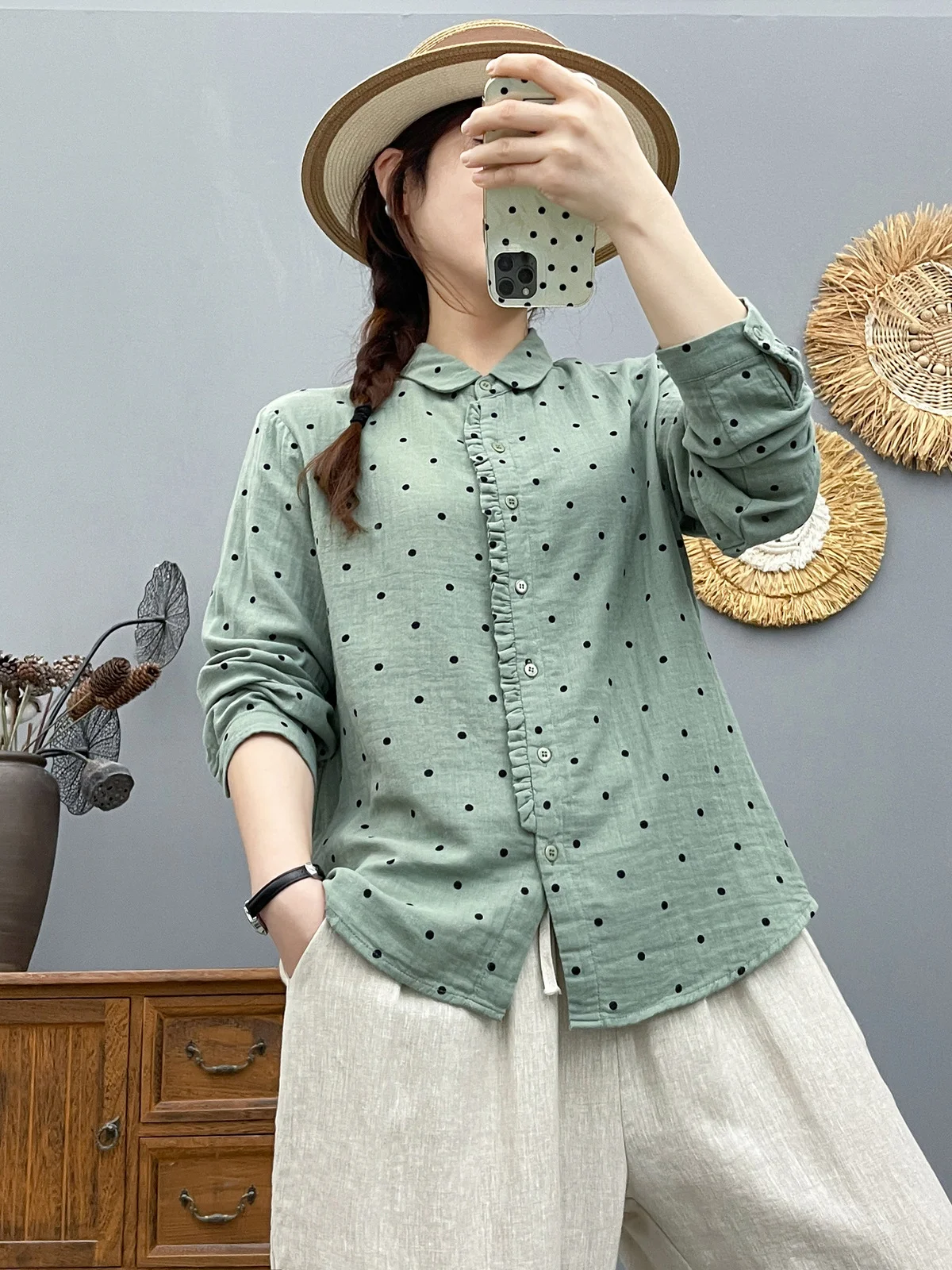 قميص نسائي عتيق باللون الأخضر منقط للخريف والربيع من غزل القطن باللون الأبيض والأحمر والأخضر والوردي بلوزات بأكمام طويلة للسيدات #5