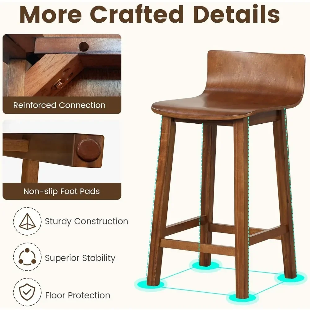 Café Chairs, 24.5" Bar Stools Set of 4, Counter Height Bar Stools Back & Footrest, Farmhouse Armless Wood Barstools for Kitchen.