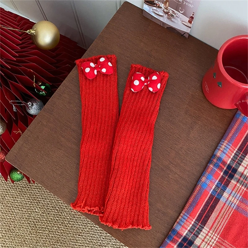 Christmas Bowknot Leg Warmers for Girl Winter Autumn Leggings Festive Knee High Socks Knit Stockings Kids Warm Leggings A2UB