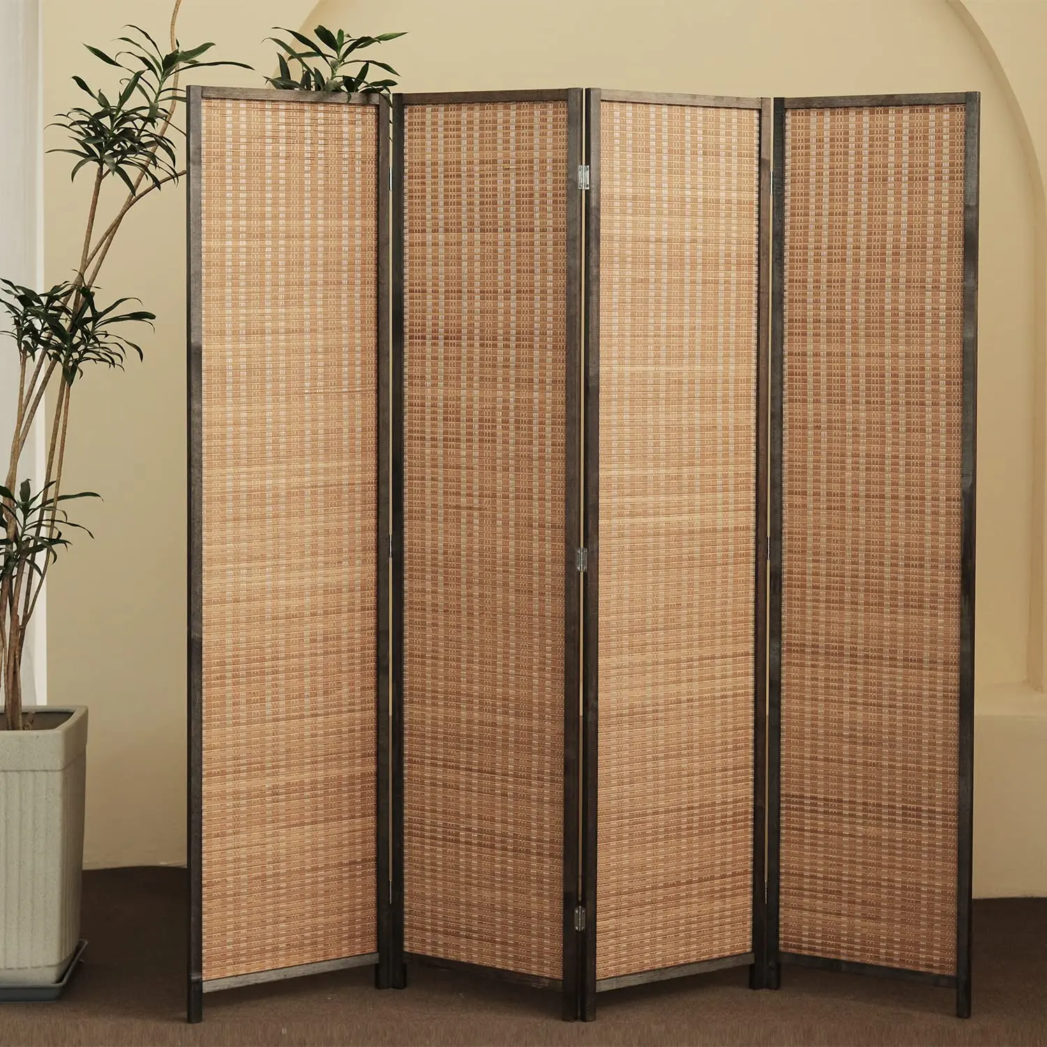 4 Panel Bamboo Room Divider - 5.6 ft Tall Folding Privacy Screen for Room Separation, Natural Brown Freestanding, Customized