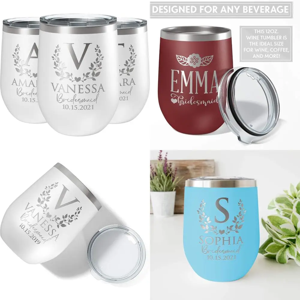 

Personalized Stemless Wine Tumblers for Bridesmaids, 12 oz White, Wedding Party Gifts, Customizable Bachelorette Party Drinkware