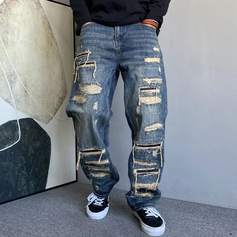 Design Sense Retro Heavy-Duty Denim Workwear Pants Old Dirty Dyed Casual Style with Damaged Edges High Street Fashion WLF