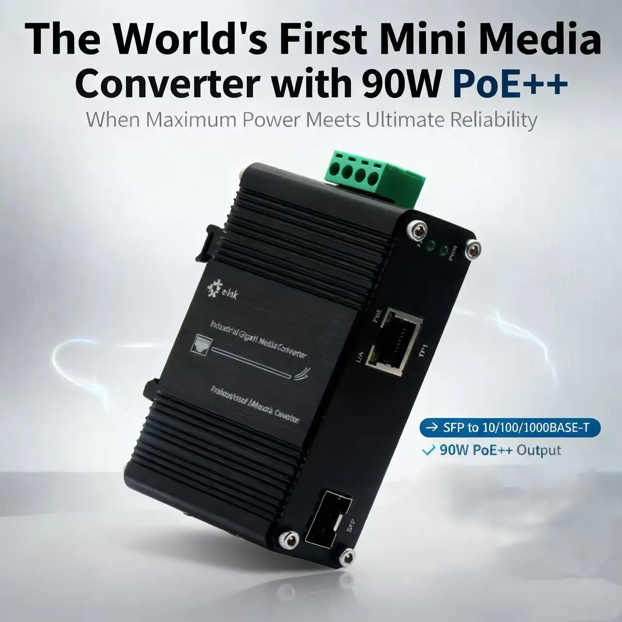 Mini Industrial 100/1000BASE-X SFP to Gigabit 90W PoE+ Full-Duplex/Half-Duplex Media Converter
